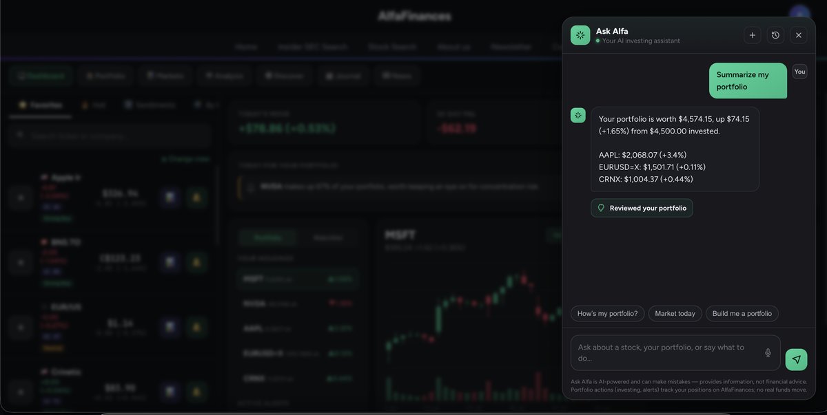 Ask Alfa AI assistant answering a portfolio question